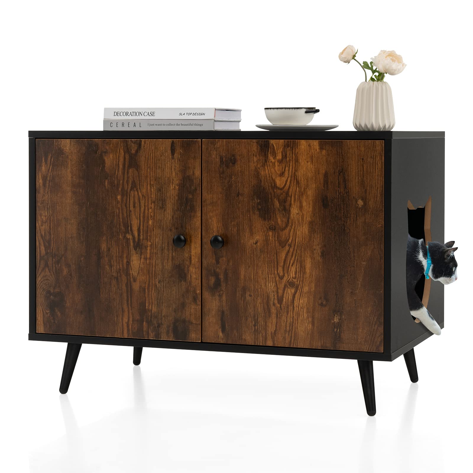 Tangkula Cat Litter Box Enclosure, Hidden Cat Washroom Cabinet with 2 Doors